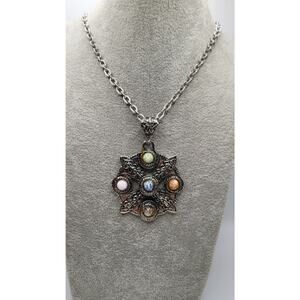 Vintage Scottish Style Pendant Necklace Multicolor Cabochon Silver